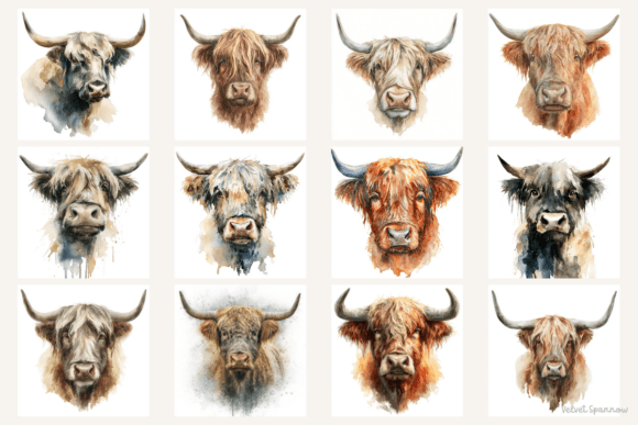 Rustic Charm Meets Artistic Flair: The 48 Highland Cow Watercolor Clipart Set